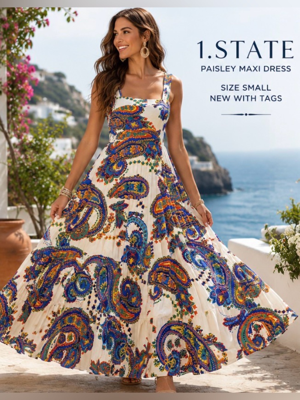NWT 1.STATE Paisley Maxi Dress Size Small Boho Sleeveless Smocked Back Resort